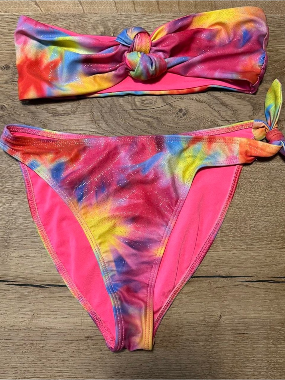 Dippin Daisy’s Psychedelic Daze 
Shimmery metallic pink tie dye bikini set S